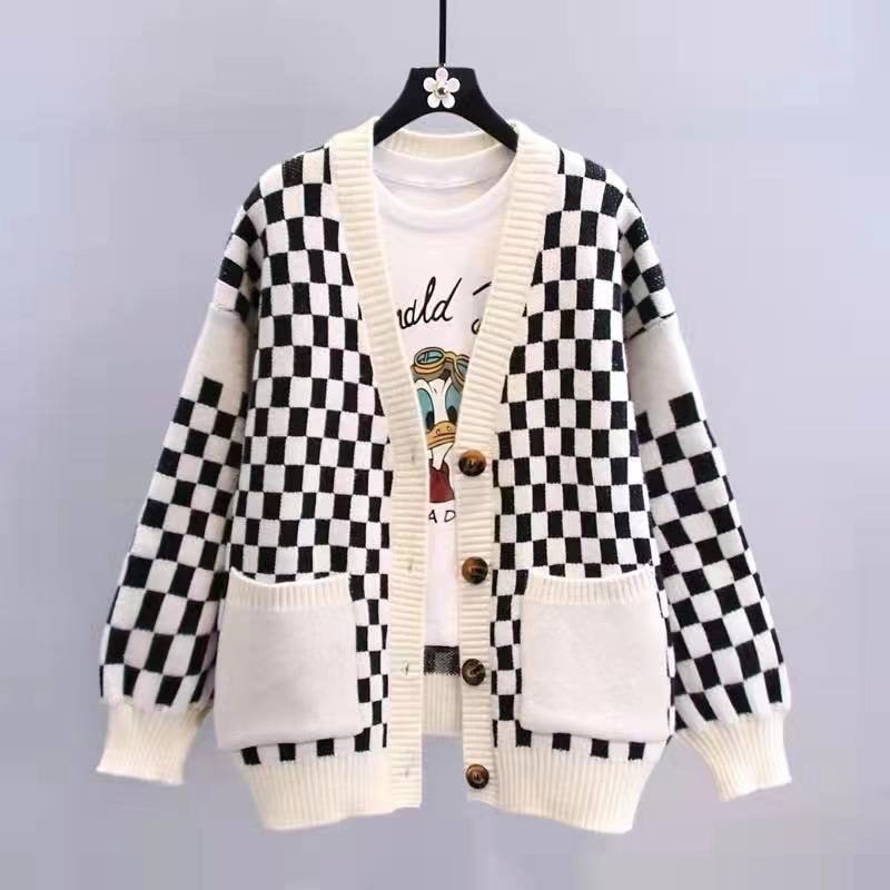 Japanese checkerboard sweater coat women's autumn 2022 new loose and lazy style all-match knitted cardigan