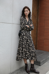 Net red hot version V-Neck long sleeve spring waist retro dress Hong Kong style show thin temperament Floral Dress