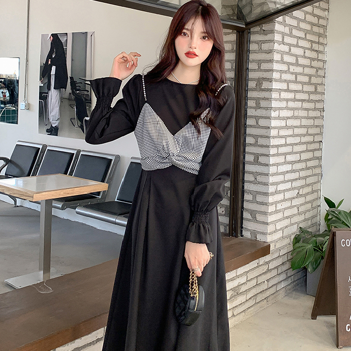 Dress 2022 autumn new fat MM retro slim waist reduction age plaid sling vest fashion two-piece set