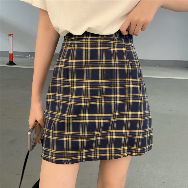 Real shooting summer new plaid skirt women's dress with zipper inside and buttocks