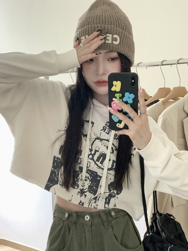 Real price sweet cool hot girl American style old print high waist short hooded long-sleeved sweater 2 colors