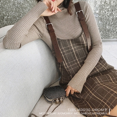 2021 evening style French Plaid Dress Fashion chic high neck sweater women's suspender skirt two-piece set