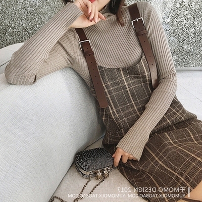  evening style French Plaid Dress Fashion chic high neck sweater women's suspender skirt two-piece set