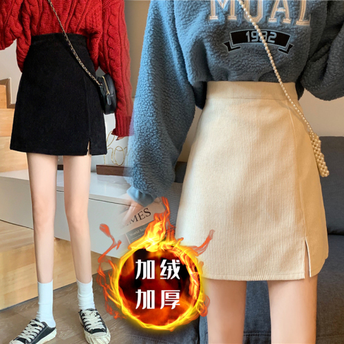 Fleece / female student short skirt autumn and winter new plus velvet thickened high waist bag hip slit A-line skirt skirt