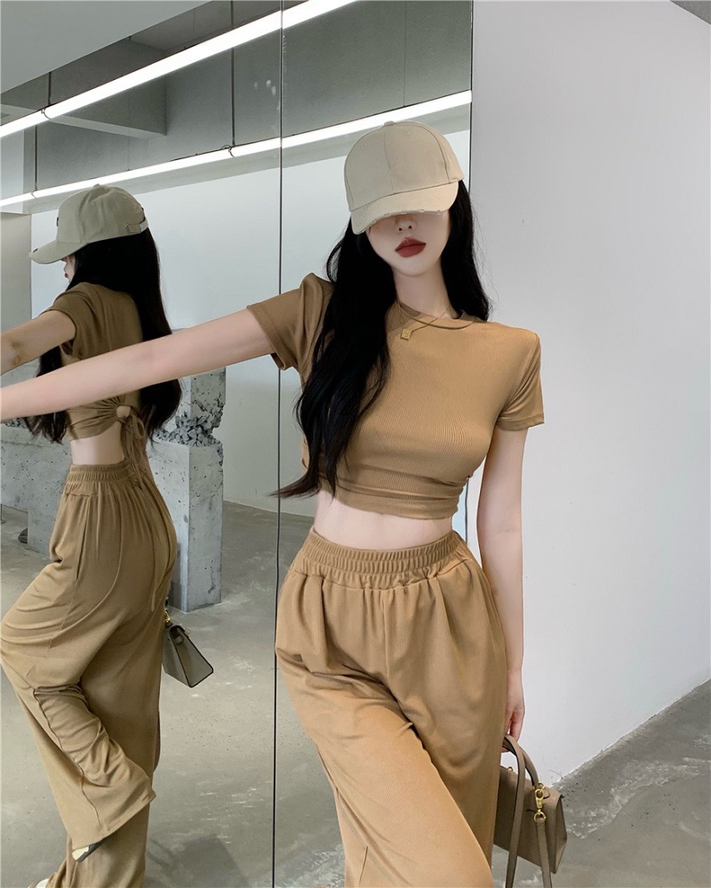 Korean fashion suit women's hollow out bandage Short Sleeve T-Shirt Top Elastic Waist Wide Leg casual pants two-piece set in summer