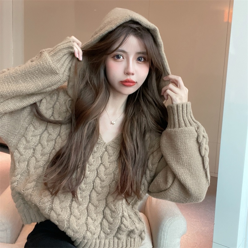Autumn winter languid lazy hooded draw rope twist long sleeve knit female small retro senior sweater jacket