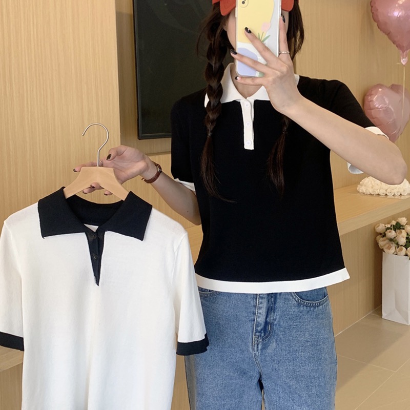 High elastic rib short sleeve button front shoulder T-shirt women's color blocking spring and summer polo shirt design sense of niche short top