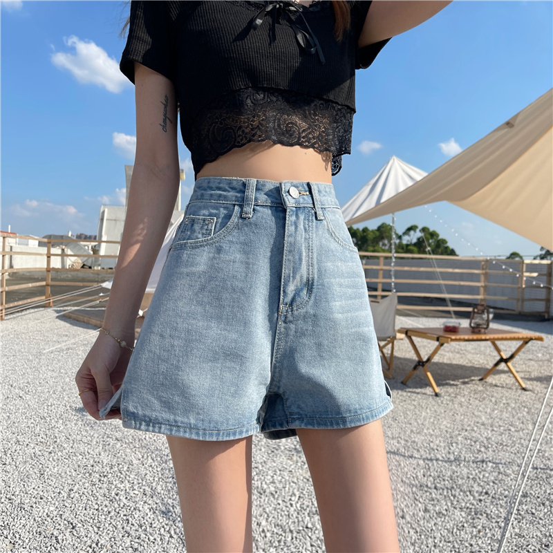 Real shot spring and summer skinny jeans women's split high waist loose versatile student wide leg shorts