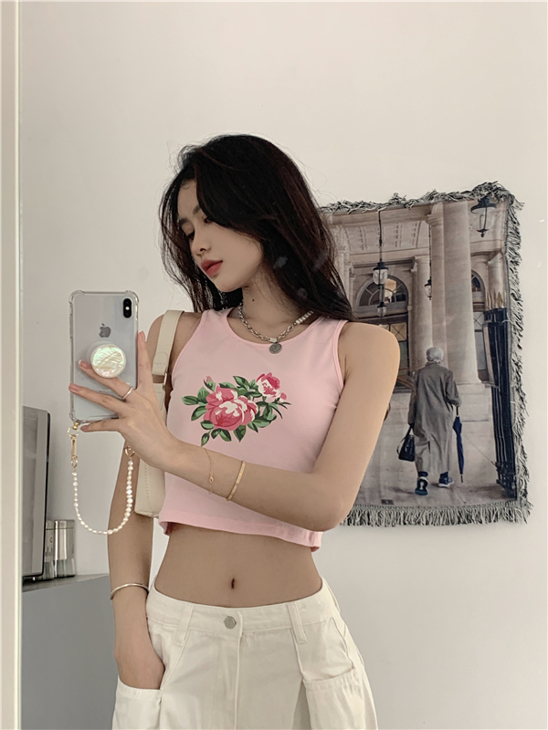 Real price ~ spring and summer new pink fuguihua print short round neck vest for women