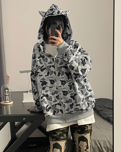 310g Imitation Cotton Interwoven Fabric Can't Pill Winter Fleece Sweater Women's Hooded Camouflage Printed Double Layer Cap