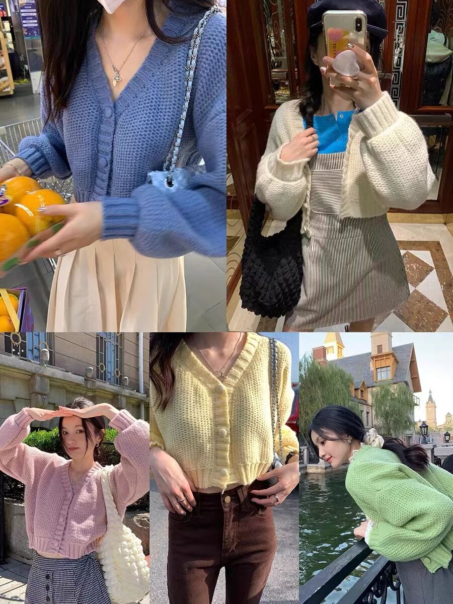 Sweet and gentle lazy style V-neck long-sleeved breasted knitted autumn and winter cardigan small jacket solid color short sweater women