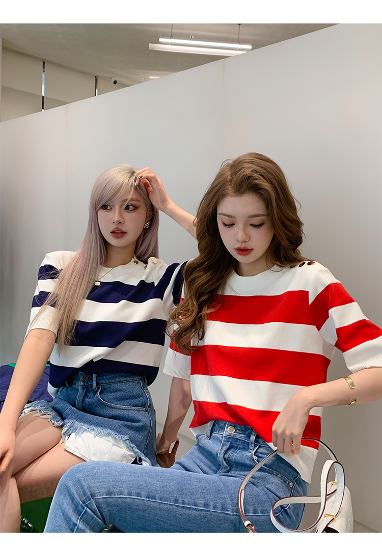 Lin women's high school stripe Short Sleeve T-Shirt Top 2022 summer new design round neck T-shirt for women