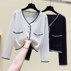 2021 new spring dress slim and slim, long sleeve French V-neck short and cardigan Knitted Top