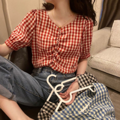 Plaid Shirt women's design collar short sleeve shirt high waist short