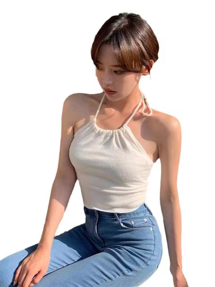 Spice girl hanging neck sexy lace up white bottomed knitted short inside and outside vest