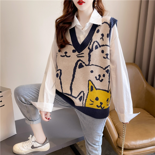 Real shooting knitted vest for women in autumn retro college style contrast color overlay bottoming Shirt New Year