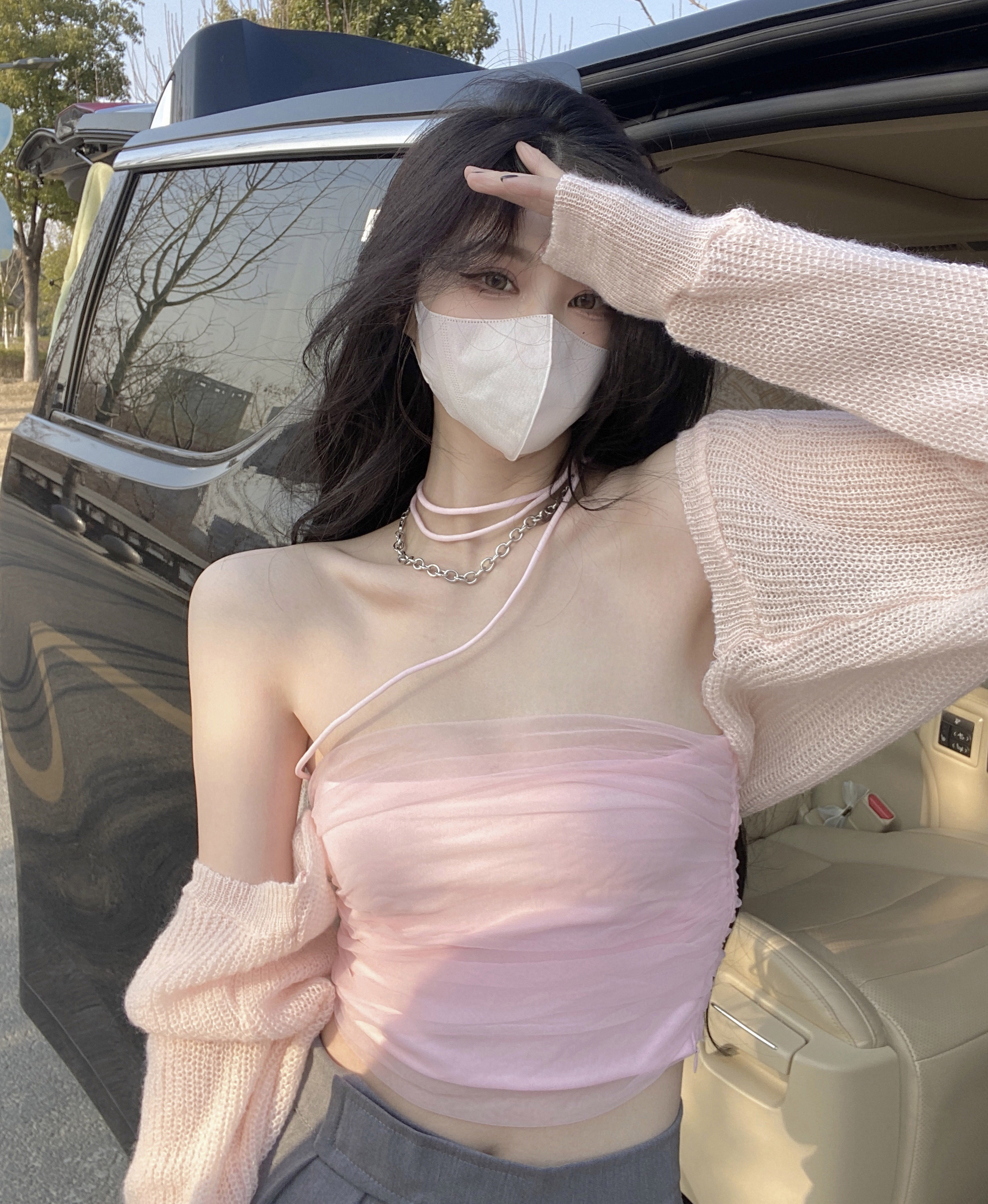 Real price pure desire long-sleeved shawl blouse with texture + mesh slim strap tube top all-match top