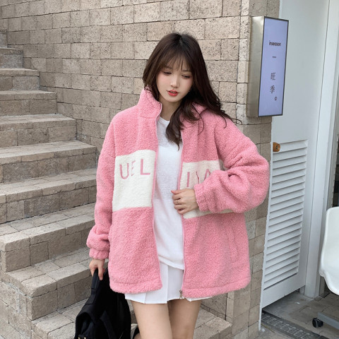 Real shooting autumn and winter new tops lamb velvet letters Korean version stitching hooded jacket women