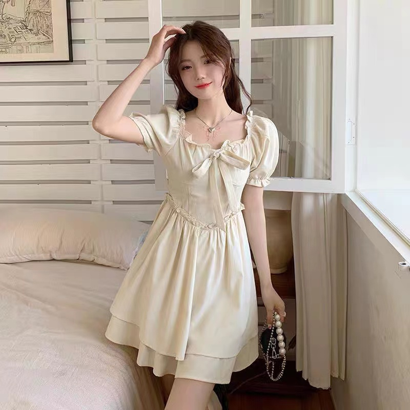 Add invisible zipper 2023 summer French square collar fungus lace bow puff sleeve dress new women's clothing