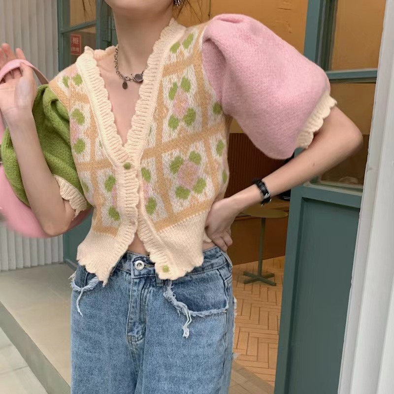 Summer 2022 new splicing contrast lace knitted cardigan women's design sense of minority Sweater Jacket Women