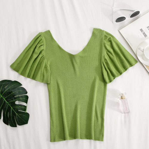 Real photo knitted short sleeve women 2020 new lotus leaf sleeve slim V-neck fashion versatile T-Shirt Top