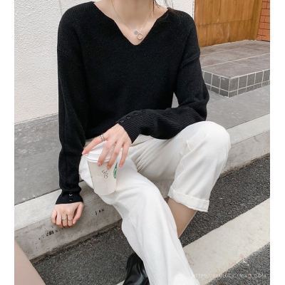 Vogue temperament V-neck design sense top autumn winter bottom sweater women's loose casual long sleeve lazy T-shirt