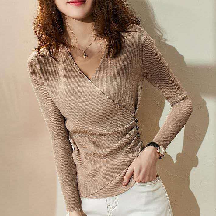 Korean style trendy cropped top Wrap-style V-neck wool slim-fit sweater bottoming shirt
