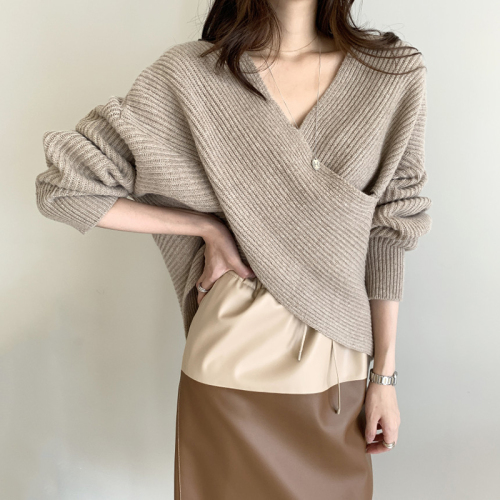 Korean New Women's simple cross V-neck loose sweater top