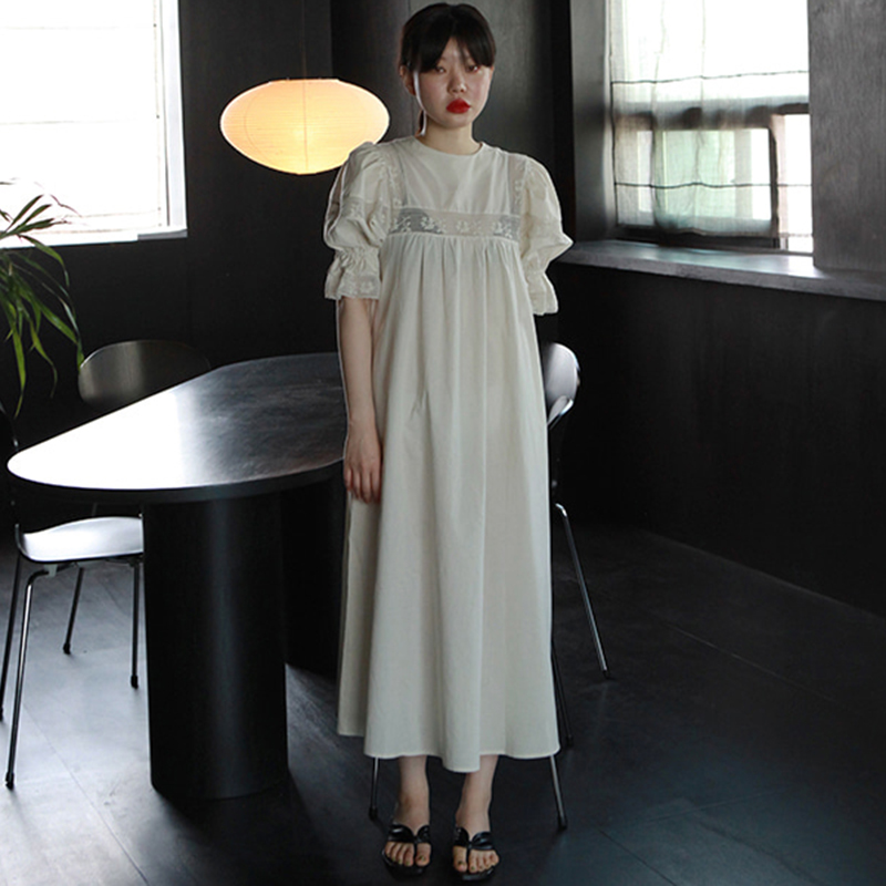 Korean summer retro Lace Panel waist show thin bubble sleeve dress long skirt