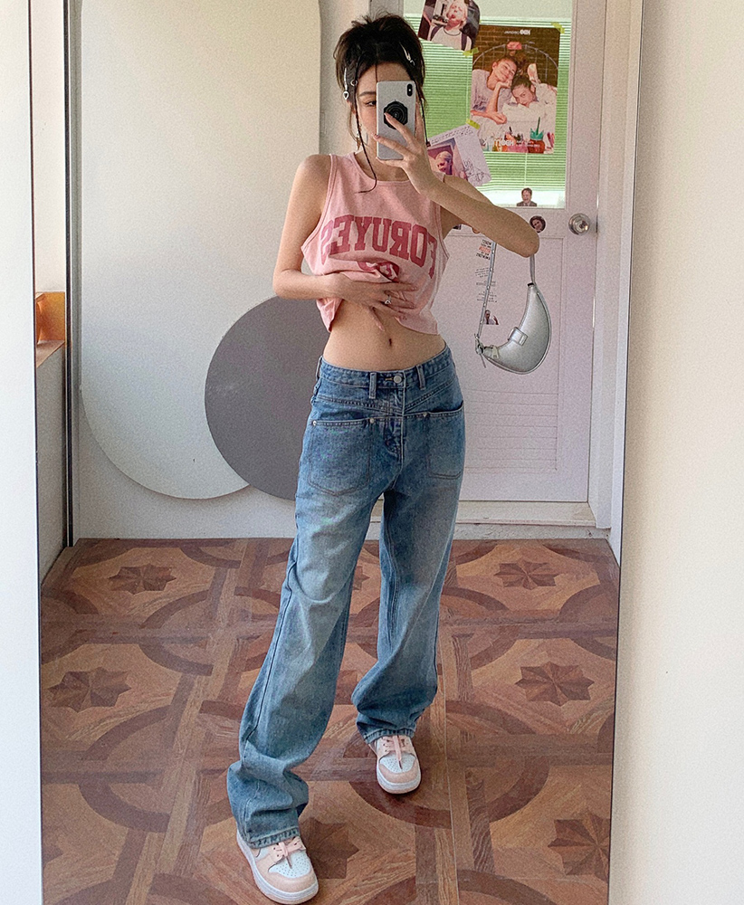 Real shot 2022 summer new ins tide brand design pocket straight loose wide-leg jeans mopping pants female spring and autumn