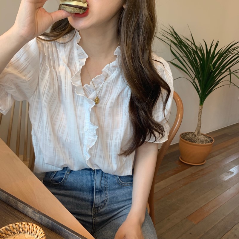 Korean design sense collar wood ear edge Bubble Sleeve Chiffon shirt for women's versatile sweet fairy top summer