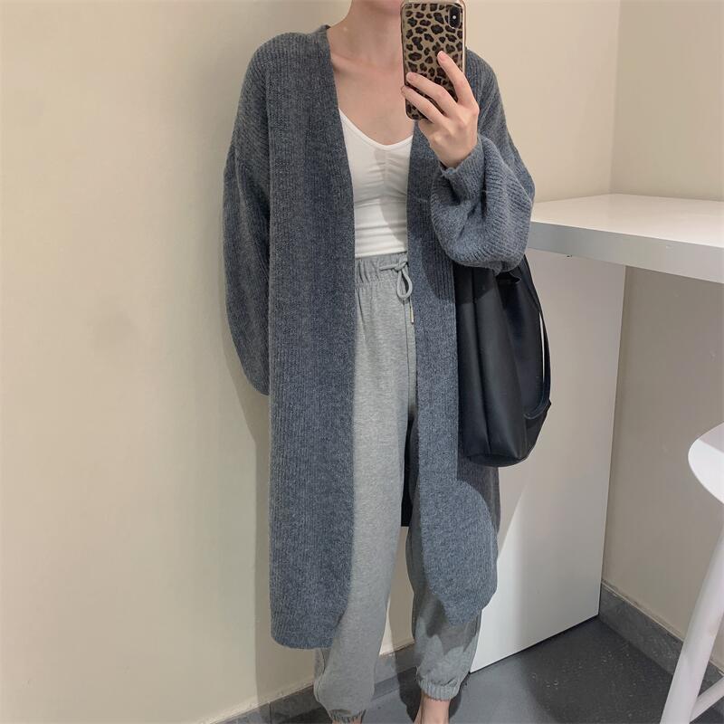 Japanese V-Neck long autumn cashmere knitted cardigan warm solid color simple temperament jacket lazy shawl sweater