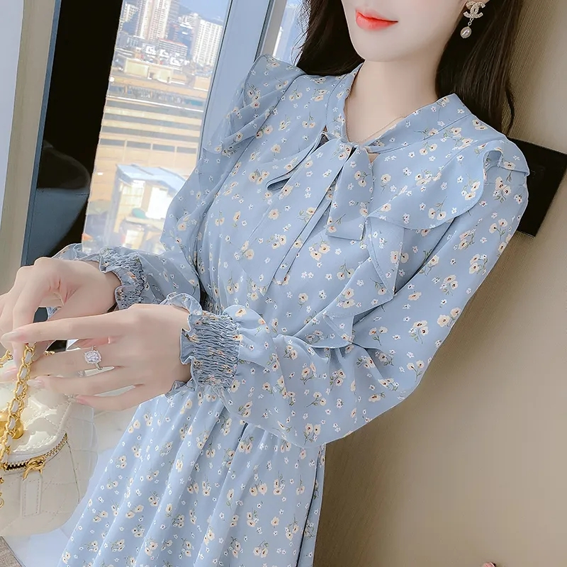 French floral chiffon dress women's spring new bow tie temperament sweet waist mid-length skirt