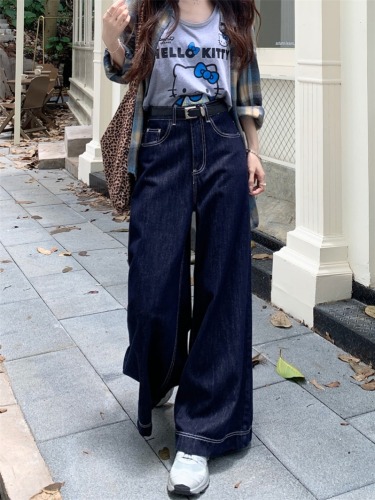 Real shot~ Deep blue straight tube scythe jeans women's new small size loose retro wide-leg pants 