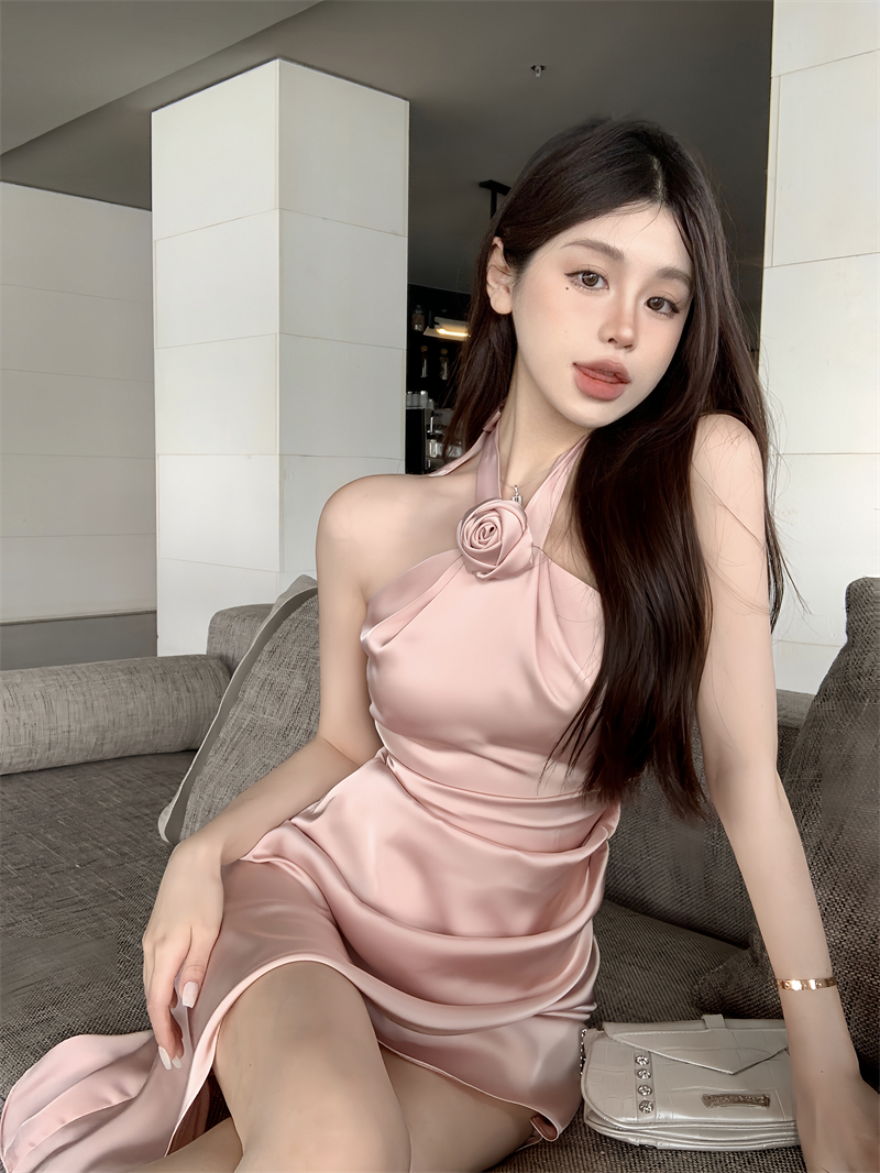 Real price off-the-shoulder halter neck satin slim fit rose dress