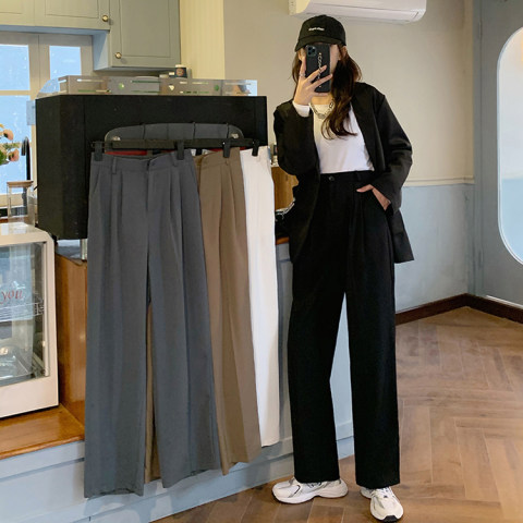Spring 2022 new Korean fashion age reduction vertical feeling elastic high waist thin straight tube pants suit pants female students