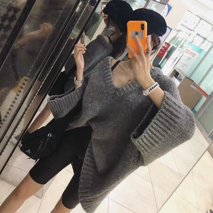 Loose V-Neck Sweater women's 2021 new autumn and winter outerwear Pullover lazy medium long versatile sweater top