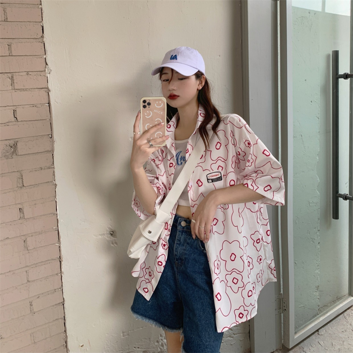 Four-sided elastic sweet pink printed shirt women's summer new short-sleeved all-match loose and thin shirt