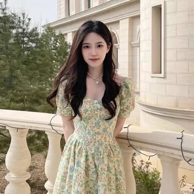French design sense niche square collar puff sleeve floral princess dress summer slim temperament all-match dress for women