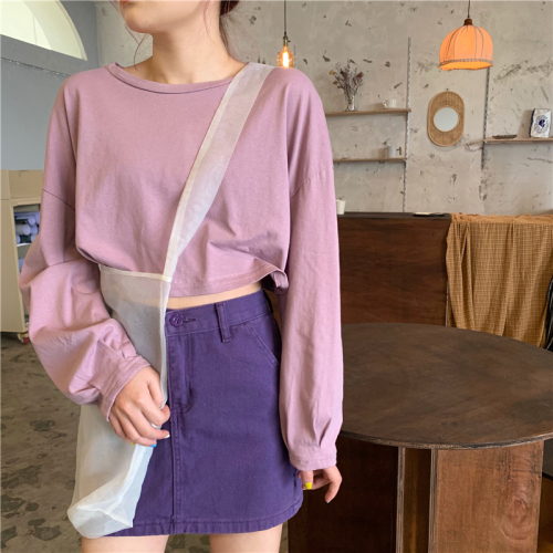 Real price solid color short design cuff pleated long sleeve T-shirt
