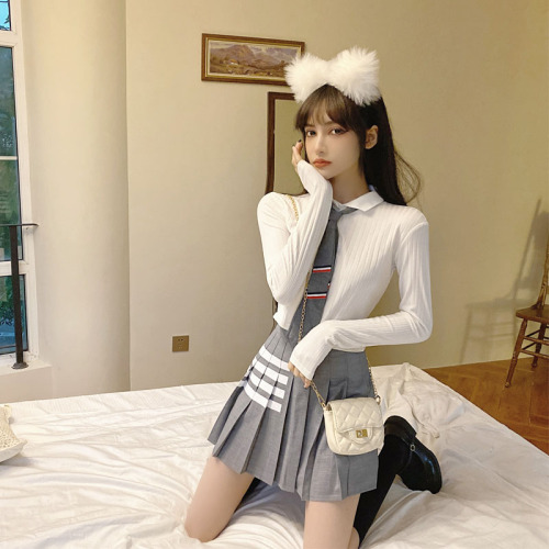 Real sweet college style early spring JK uniform tie Long Sleeve T-Shirt Top Women's high waist versatile skirt three piece set