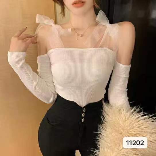 Knitwear women's autumn red off-the-shoulder suspenders short slim fit long-sleeved bottoming shirt new style with niche tops