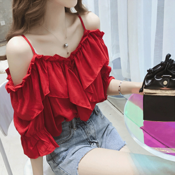 Chic women's Korean chic off shoulder sling with two shoulder collarbone top small fresh and sweet temperament small shirt