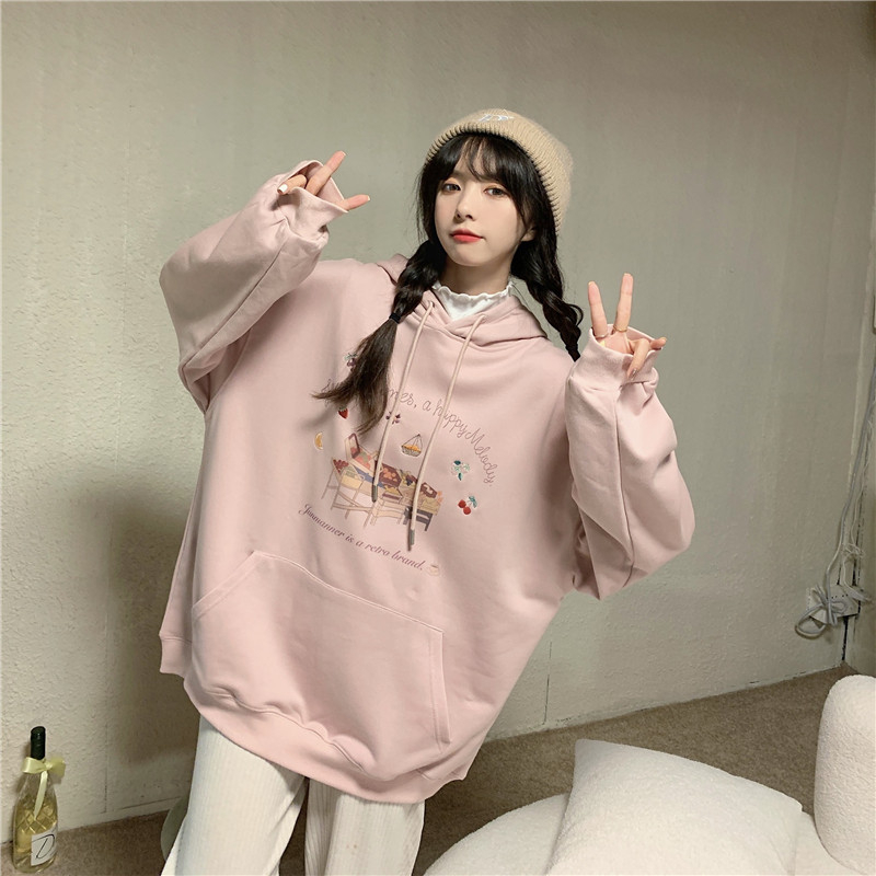 Official map Imitation cotton interwoven fabric Winter fleece sweater women's hooded print Double-layer hooded jacket with back pack