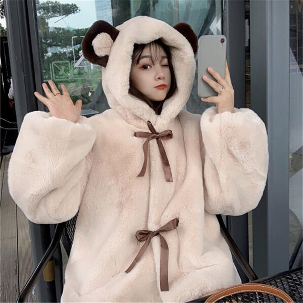 Soft girl Plush coat girl cute fall / winter 2020 new hooded bear ear thickened imitation rabbit fur fur coat