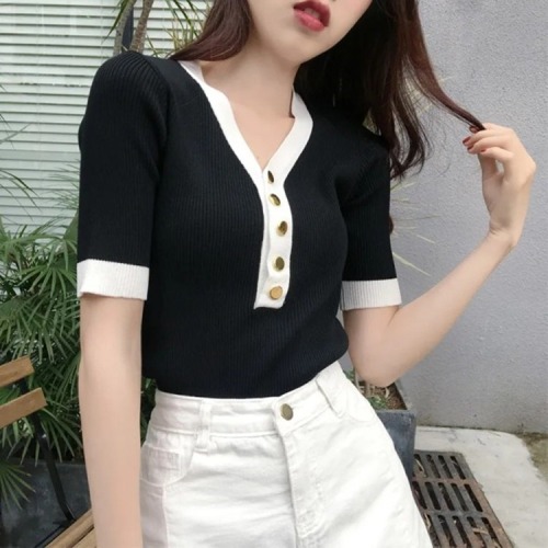 Short sleeved women's new Hong Kong chic T-shirt fashion V-neck color contrast edge single breasted versatile slim top
