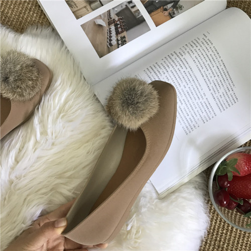 Real-price retro shoes Mink Fur ball square-headed suede leather insole flat sole casual grandmother single shoes