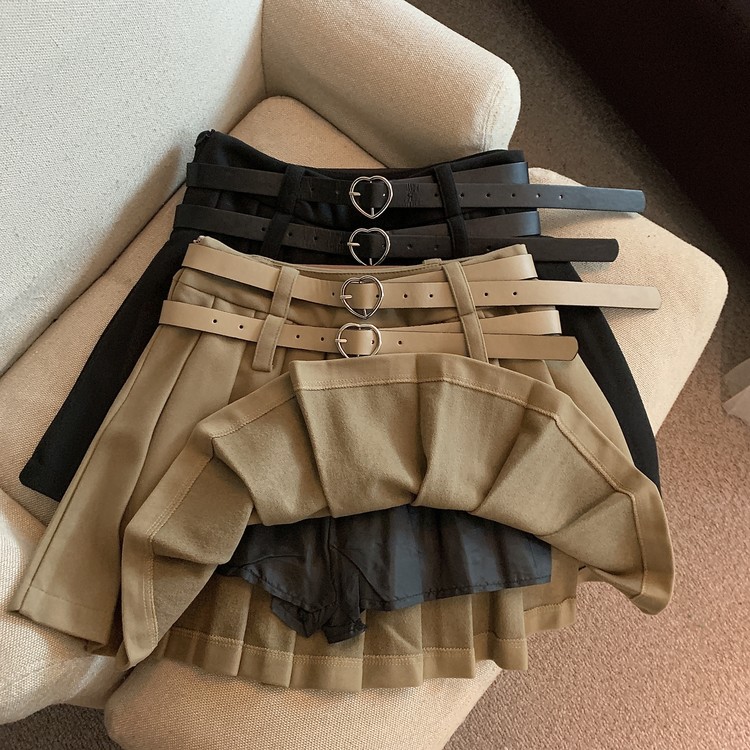 Real auction real price autumn and winter fashion all-match hot girl woolen pleated skirt double belt