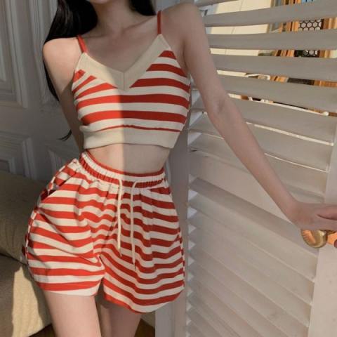Spice Girl Style stripe suspender Vest Top + casual loose shorts sports foreign style suit women's summer fashion age reduction