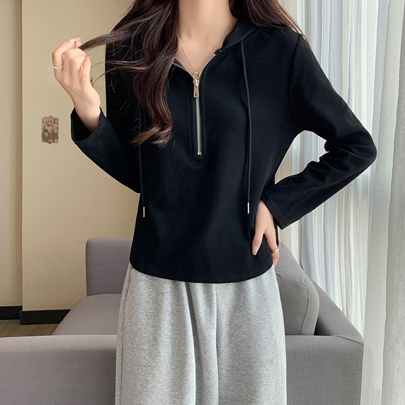 Real shot real price black hooded bottoming shirt women's early autumn 2022 new half-open zipper long-sleeved t-shirt short inner build
